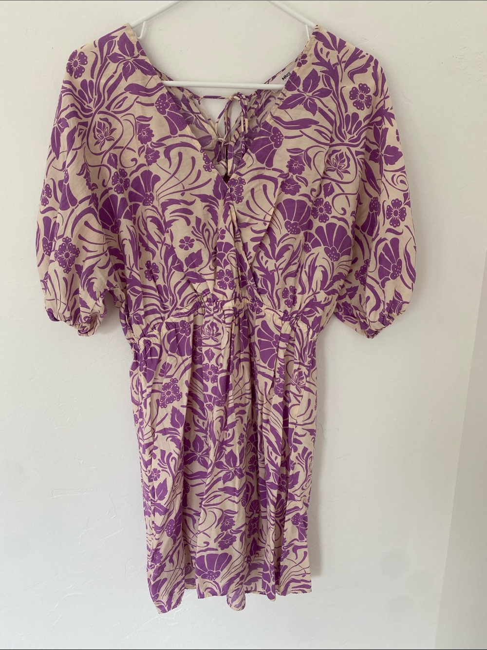 Purple Floral-Print Beige Midi Dress with Lace-Up V-Neck